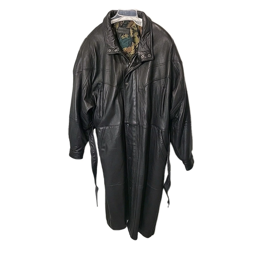 SAXONY Black Leather Trench Coat‎ Womens 42 Long Belted 48" Coat